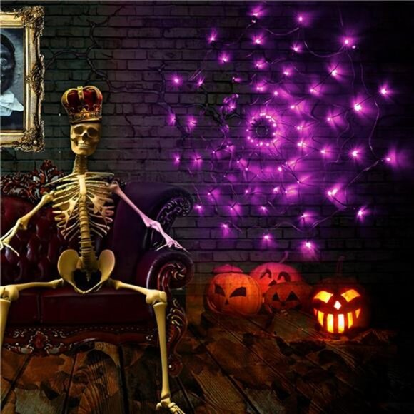 Halloween 80 LED Spider Web Lights with Spider, Battery Powered 8 Modes Light up - Picture 6 of 8